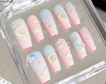 Handmade dream butterfly moon press on nails kawaii nails relief oil painting nails party nails acrylic nails coffin nails