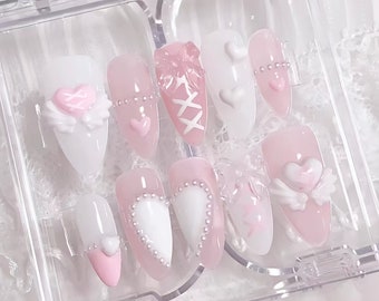 Handmade pink love angel Lovely wings press on nails kawaii nails pink nails party nails acrylic nails