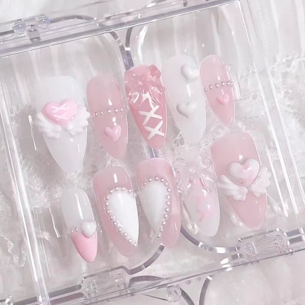 Handmade pink love angel Lovely wings press on nails kawaii nails pink nails party nails acrylic nails