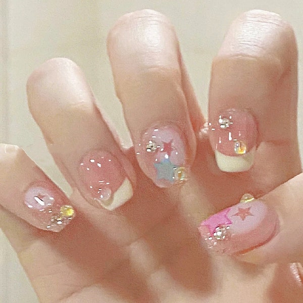 Handmade Pink Blue Hollow Star Creamy French Glitter Press On Nails Star Nails Y2K Nails Hollow Nails Glitter Nails Short Nails