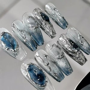 Handmade blue galaxy sea amber press on nails blue nails blue ocean nails wedding nails party nails coffin nails coffin 24mm