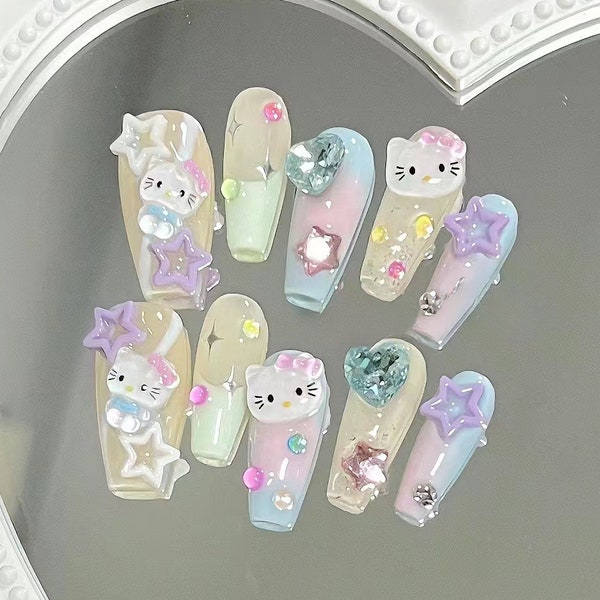 Handmade Summer dopamine macaron candy cute Hello kitty press on nails cute nails kitty nails japanese anime nails acrylic nails