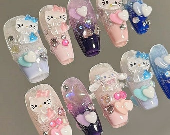 Handmade pink blue purple kitty cinnamorolll dopamine colorful cute press on nails cute nails dopamine nails kitty nails coffin nails