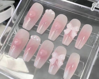 Handmade Crystal Pink Blush Bow Heart Press On Nails Kawaii Nails Pink Nails Cute Nails Coffin Nails