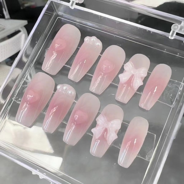 Handmade Crystal Pink Blush Bow Heart Press On Nails Kawaii Nails Pink Nails Cute Nails Coffin Nails
