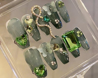 Handmade Forest Deep Green Gem Marble Ombre Metal Gem Snake Press On Nails Snake Nails Green Nails Coffin Nails Coffin 24mm