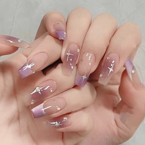 Handmade Purple White Ombre French Purple Blush Sliver Star Press On Nails Purple Nails French Nails Blush Nails Coffin Nails Coffin 24mm