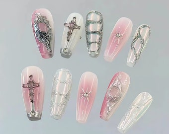 Customized Pink Planet gradient crossing the Future shiny press on nails coffin nails wedding nails acrylic nails