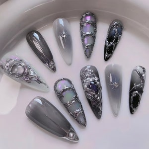 Handmade advanced meteorite lime on nails aurora metal punk nails party nails acrylic nails