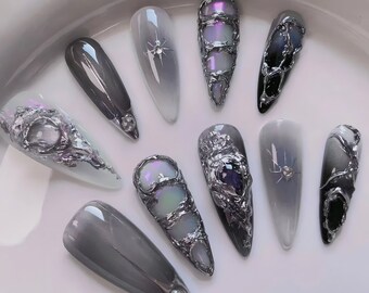 Handmade advanced meteorite lime on nails aurora metal punk nails party nails acrylic nails