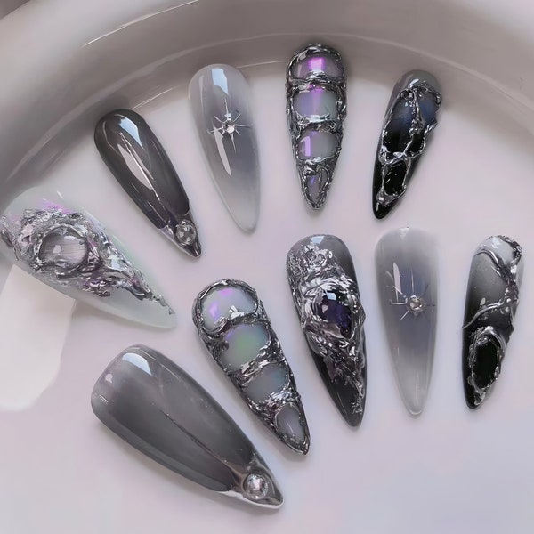 Handgemaakte geavanceerde meteorietkalk op nagels Aurora metal punk nagels feestnagels acrylnagels