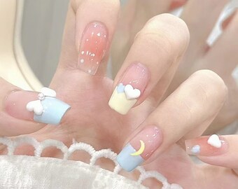 Handmade Baby Blue Creamy French Crescent Bow Ctue Press On Nails Kawaii Nails Ctue Nails Baby Blue Nails Coffin Nails
