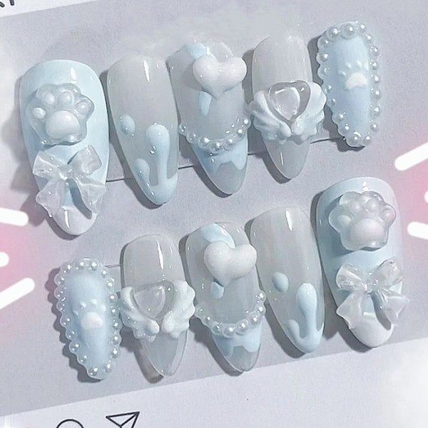 Handmade Creamy Blue Cat Claw Bow Heart Wing Ctue Press On Nails Kawaii Nails Cat Nails Blue Nails Almond Nails