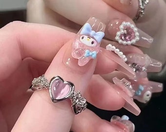 Handmade pink melody cute butterfly press on nails cute nails luxury nails pink nails glitter nails acrylic nails coffin nails