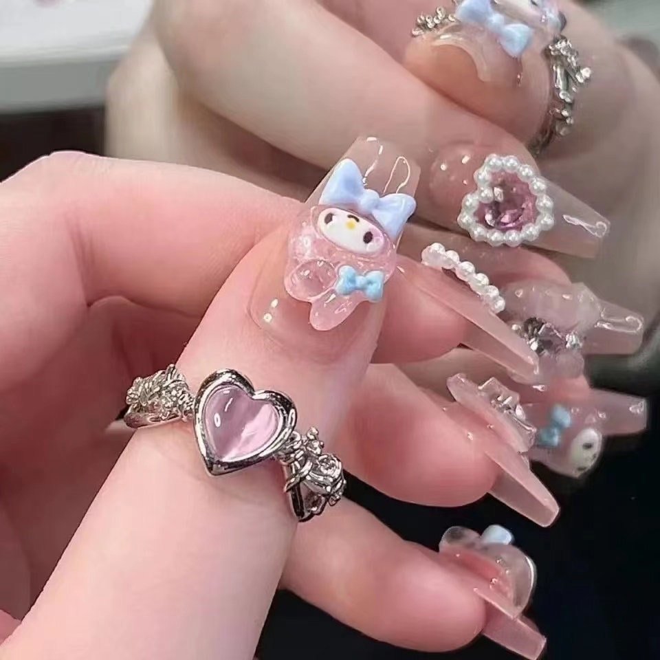 KAWAII cute chunky junk charms press on nails full set 24 (12 x 2) long  square