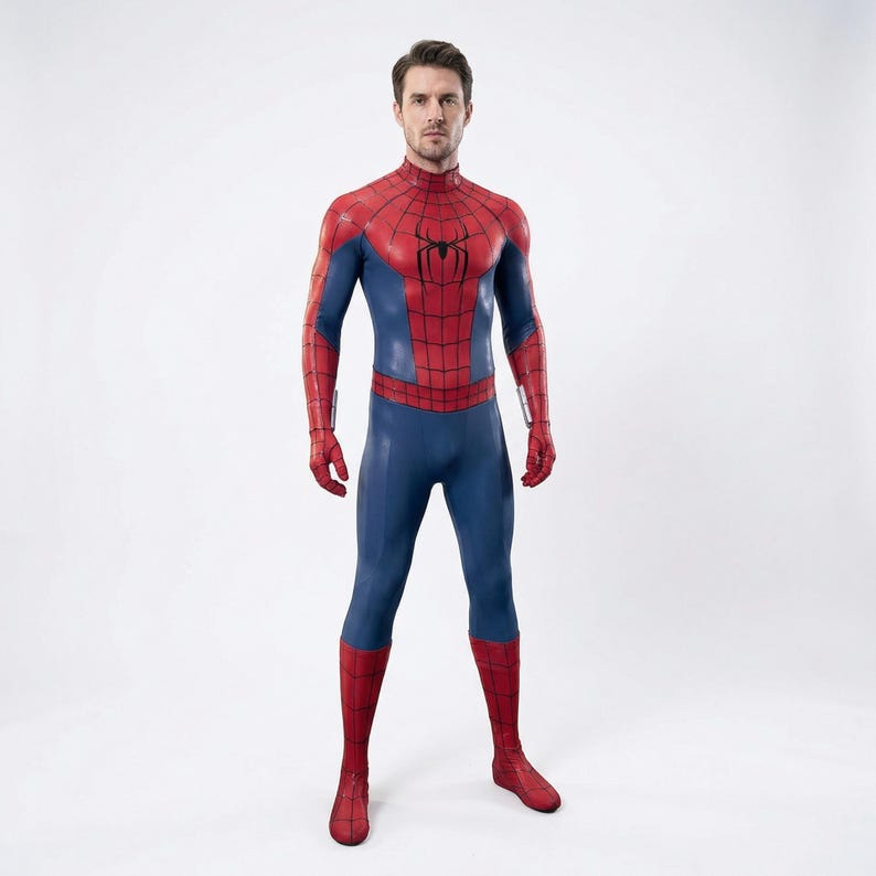 Op de afbeelding: Een rood en blauw Spider-Man-kostuum. Het pak heeft een rood masker, een rood spinnenembleem op de borst en rode handschoenen en laarzen. Het nauwsluitende pak is overwegend blauw met rode accenten en een webdesign.