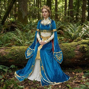 May include: A woman wearing a blue velvet gown with gold trim and a gold crown. The gown has long sleeves and a flowing skirt. The background is a forest with green foliage and trees. The dress has a white bodice and red lining.