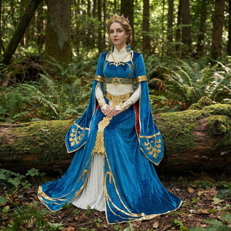May include: A woman wearing a blue velvet gown with gold trim and a gold crown. The gown has long sleeves and a flowing skirt. The background is a forest with green foliage and trees. The dress has a white bodice and red lining.
