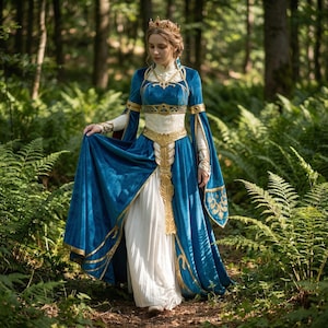 May include: A long, flowing medieval-style dress in shades of blue, white, and gold. The dress features long sleeves, a high collar, and intricate gold embroidery. A gold crown sits atop the head. The dress is worn in a forest setting.