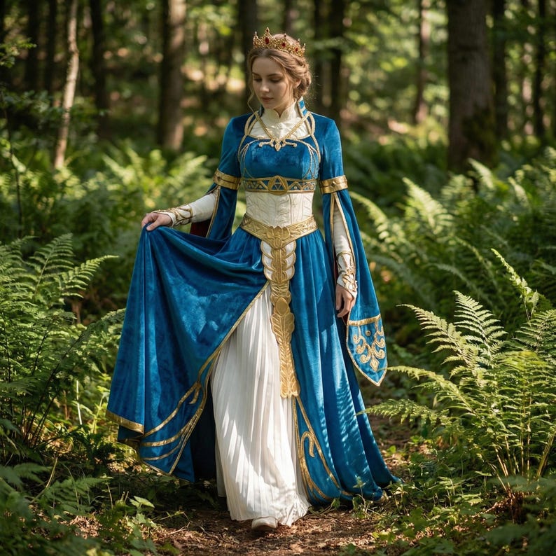 May include: A long, flowing medieval-style dress in shades of blue, white, and gold. The dress features long sleeves, a high collar, and intricate gold embroidery. A gold crown sits atop the head. The dress is worn in a forest setting.