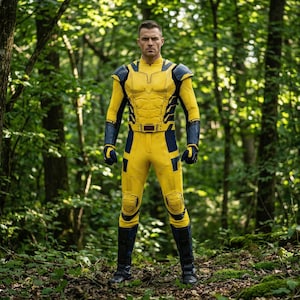 K&ouml;nnte beinhalten: Ein gelbes und marineblaues Superheldenkost&uuml;m. Der Ganzk&ouml;rperanzug hat marineblaue Akzente an Schultern, Armen und Beinen. Er beinhaltet einen G&uuml;rtel, Kniesch&uuml;tzer, Handschuhe und Stiefel. Die Person steht in einem Wald.
