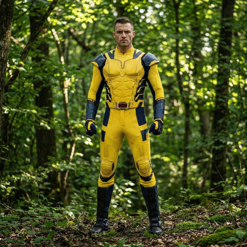 K&ouml;nnte beinhalten: Ein gelbes und marineblaues Superheldenkost&uuml;m. Der Ganzk&ouml;rperanzug hat marineblaue Akzente an Schultern, Armen und Beinen. Er beinhaltet einen G&uuml;rtel, Kniesch&uuml;tzer, Handschuhe und Stiefel. Die Person steht in einem Wald.