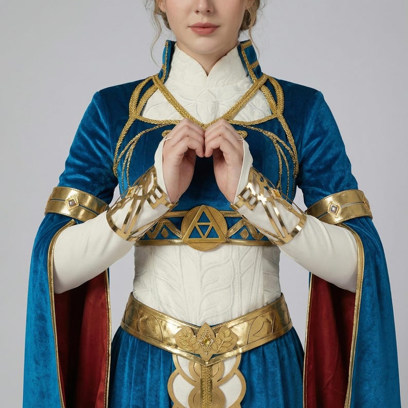 May include: A blue velvet cosplay costume with gold accents. The costume features a high collar, long sleeves, and a gold belt with a central emblem. The sleeves have a red lining, and the bodice is white with a detailed pattern.