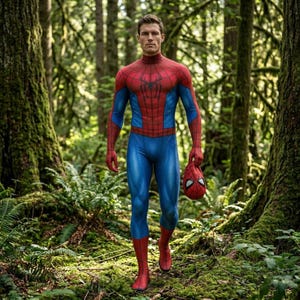 May include: A full-body Spider-Man costume in red and blue, with a matching mask held in the right hand. The costume features a web design on the chest and is worn by a person walking through a forest.