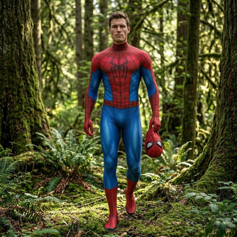 May include: A full-body Spider-Man costume in red and blue, with a matching mask held in the right hand. The costume features a web design on the chest and is worn by a person walking through a forest.
