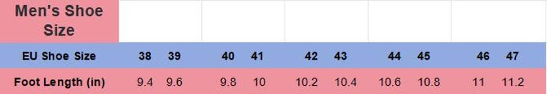 Op de afbeelding: Een schoenmatentabel met EU-schoenmaten vari&euml;rend van 38 tot 47. De tabel bevat ook bijbehorende voetlengtes in inches, beginnend bij 9,4 inch en oplopend tot 11,2 inch.