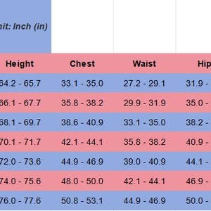 May include: A clothing size chart for men, with measurements in inches. The chart includes sizes XS to 3XL, listing height, chest, waist, hips, and shoulder width measurements for each size. The chart has a blue and pink color scheme.
