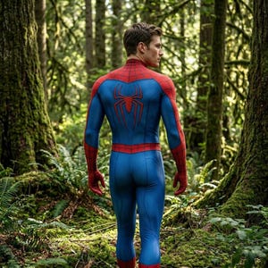 May include: A blue and red Spider-Man costume with a large spider emblem on the back. The costume has red gloves and boots. The person wearing the costume is walking through a lush green forest.