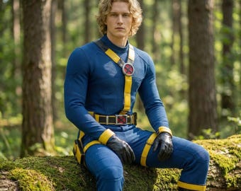 Laser Hero Cyclops-cosplaykostuum, op superhelden geïnspireerde bodysuit, riem, harnas, handschoenen