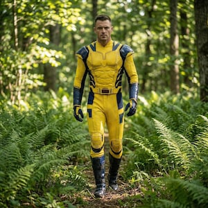 K&ouml;nnte beinhalten: Eine Person in einem gelb-blauen Superhelden-Kost&uuml;m, die durch einen Wald geht. Das Kost&uuml;m besteht aus einem gelben Overall mit blauen Akzenten an Schultern, Armen und Beinen. Die Person tr&auml;gt schwarze Handschuhe und Stiefel.