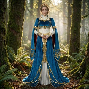 May include: A woman in a forest wearing a long, blue velvet gown with gold trim and a gold crown. The dress has long sleeves and a white bodice. The background features tall trees and ferns, with sunlight filtering through the leaves.