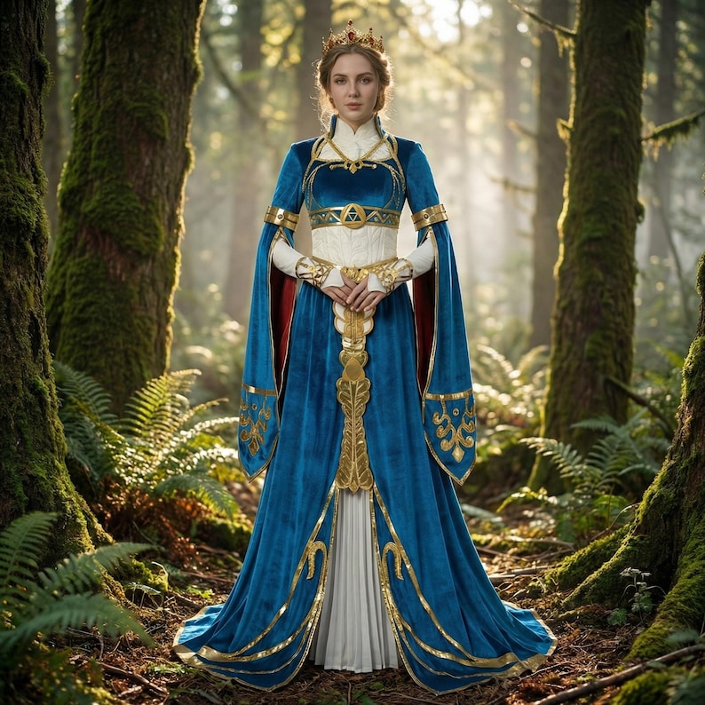 May include: A woman in a forest wearing a long, blue velvet gown with gold trim and a gold crown. The dress has long sleeves and a white bodice. The background features tall trees and ferns, with sunlight filtering through the leaves.