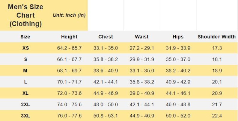 K&ouml;nnte beinhalten: Eine Gr&ouml;&szlig;entabelle f&uuml;r Herrenbekleidung mit Ma&szlig;en in Zoll. Die Tabelle enth&auml;lt die Gr&ouml;&szlig;en XS bis 3XL und listet die Ma&szlig;e f&uuml;r K&ouml;rpergr&ouml;&szlig;e, Brust, Taille, H&uuml;fte und Schulterbreite auf. Der Text "Men's Size Chart (Clothing)" steht oben.