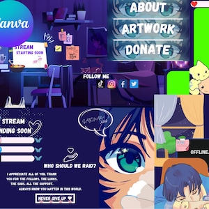 Paquet de superposition de flux Anime Lofi Aesthetic Twitch | Animé | Non animé | Superposition, Écrans, Panneaux, Socials | Secousse | OBS