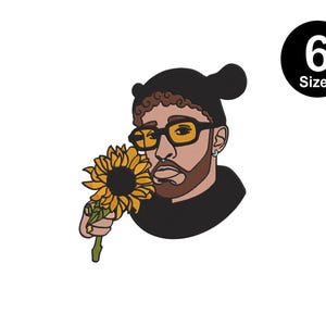 May include: A black and white illustration of a person with brown hair wearing a black beanie and sunglasses, holding a yellow sunflower.