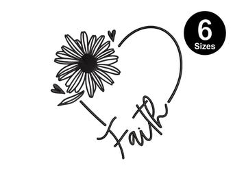 Faith with heart daisy embroidery design, instant download, 6 size