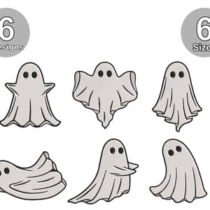 Puede incluir: Seis diseños diferentes de un fantasma en varias poses. El fantasma es blanco con dos ojos negros. El texto "6 Designs" y "6 Sizes" está incluido en la imagen.