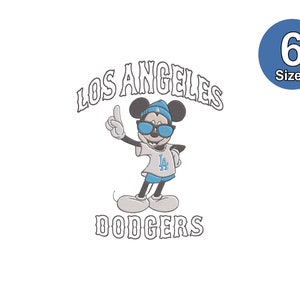 May include: A cartoon illustration of Mickey Mouse wearing a blue baseball cap, sunglasses, and a Los Angeles Dodgers jersey. The text "Los Angeles Dodgers" is written in a stylized font.