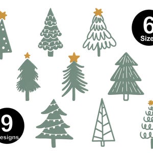 Puede incluir: Nueve diseños diferentes de árboles de Navidad en varios estilos, con una estrella en la parte superior, en tonos de verde y dorado. El texto "9 Designs" y "6 Sizes" también está incluido en la imagen.