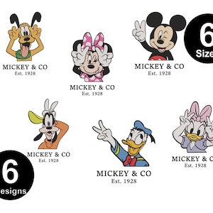 May include: Six designs featuring classic Disney characters like Mickey Mouse, Minnie Mouse, and Donald Duck. Each character is in a playful pose, with the text "MICKEY & CO Est. 1928" below. The image also shows "6 Sizes" and "6 Designs".