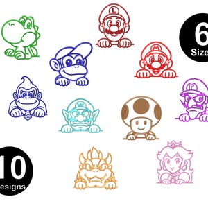 May include: A collection of ten digital line art character designs featuring various figures including a green dinosaur, a blue monkey, a red plumber, a purple character, a brown mushroom, and a yellow spiky creature. Text reads 6 Sizes and 10 Designs.