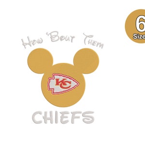 May include: A white Mickey Mouse head with a red and yellow Kansas City Chiefs logo in the center. The text "How 'Bout Them Chiefs" is written in white above the head.