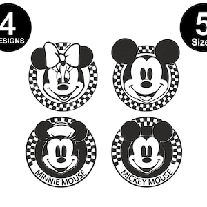 May include: Four black and white images of Mickey and Minnie Mouse. Each image is a circle with a checkered border. The text "Minnie Mouse" and "Mickey Mouse" are written below the images.
