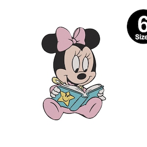May include: A pink and black cartoon character with a bow, reading a blue book with a yellow star. The character is wearing a pink dress and has a big smile.