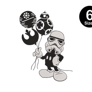 May include: A black and white cartoon character wearing a Stormtrooper helmet, holding three balloons. The balloons are designed as a Death Star, BB-8, and a Rebel Alliance symbol. A black circle with the text "6 Sizes" is in the upper right corner.