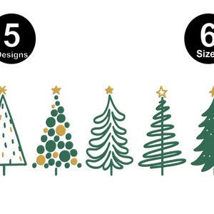 May include: Five different designs of Christmas tree illustrations in green and gold. The trees are outlined in black and have a star on top.